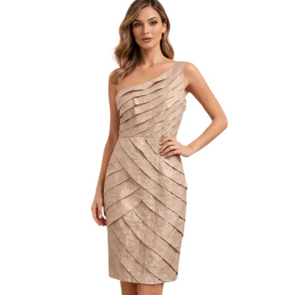 Adrianna Papell Dresses & Skirts - Adrianna Papell Tiered One Shoulder Gold Shimmery Cocktail Dress Sz 4